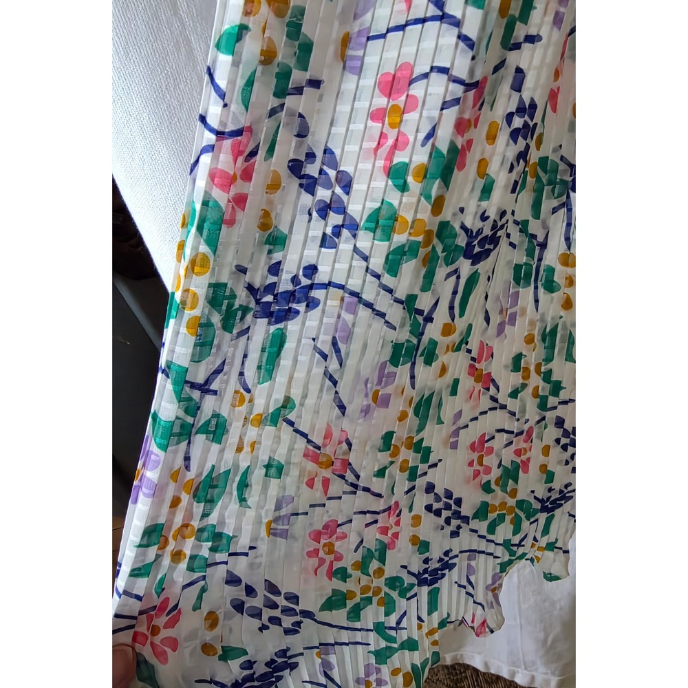 Vintage 80's Mosaic Floral Mixed Print Pleated Sheer Midi Dress Small Vivid Fun - Picture 7 of 14